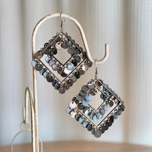 Boho Gypsy Square Dangle Earrings Silver Tone Discs Women's Statement‎ Jewelry